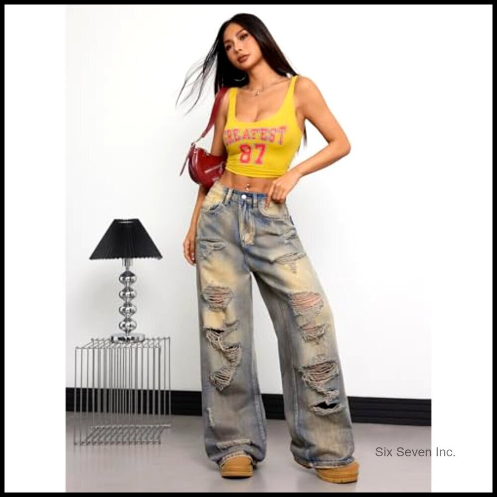 Wide Leg Baggy Jeans Y2K Vintage Streetwear Oversized Loose Fit Denim Pants - Picture 4 of 6